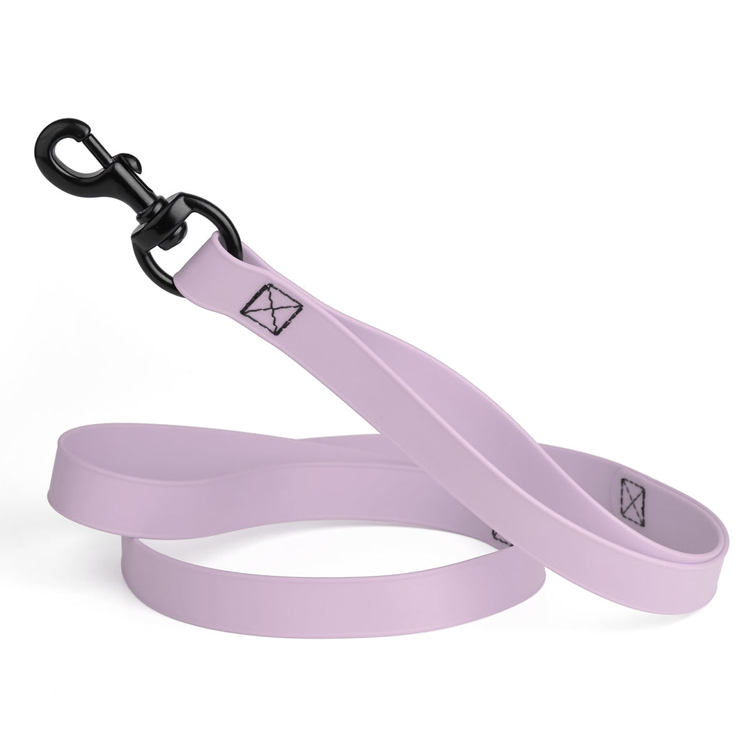 Lavender dog leash with black clip on a white background
