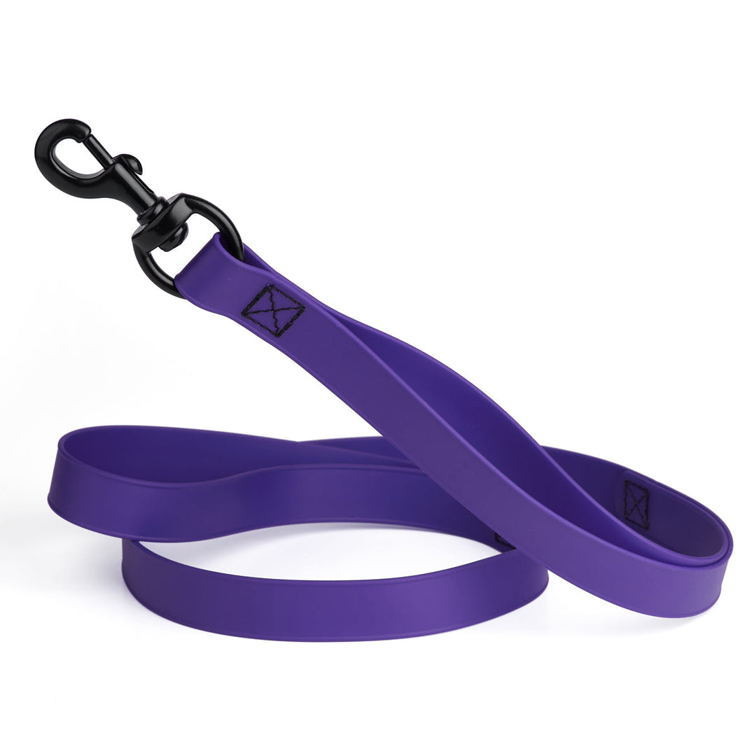 Purple dog leash with black clip on a white background