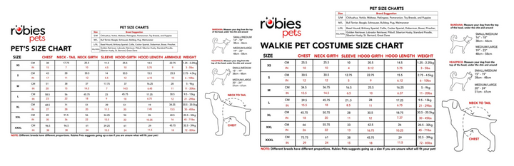 Two size charts for pets by Robies Pets on a white background