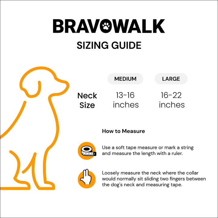 Bravowalk sizing chart guide for dog training collars with neck size measurements and instructions.